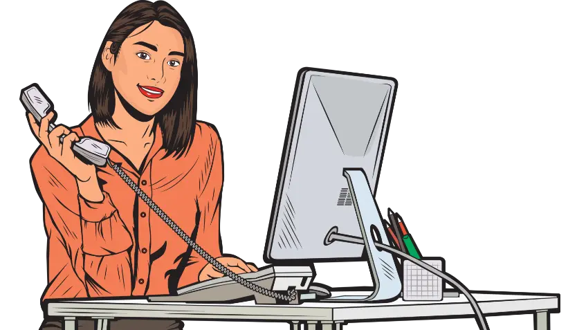 woman holding phone while working on her desk vector